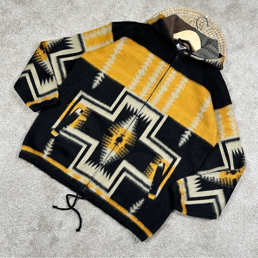 Men’s 100% Wool Longsleeve Sweater Hooded Full Zip Native Americanican Style L